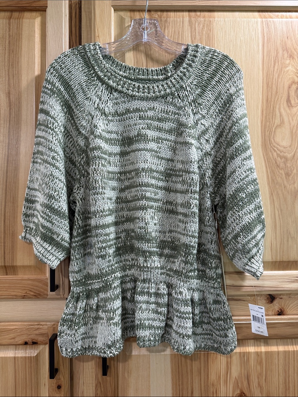 NWT C&C California Sz M Peplum Green Cream Marled Knit Short Sleeve Sweater Top